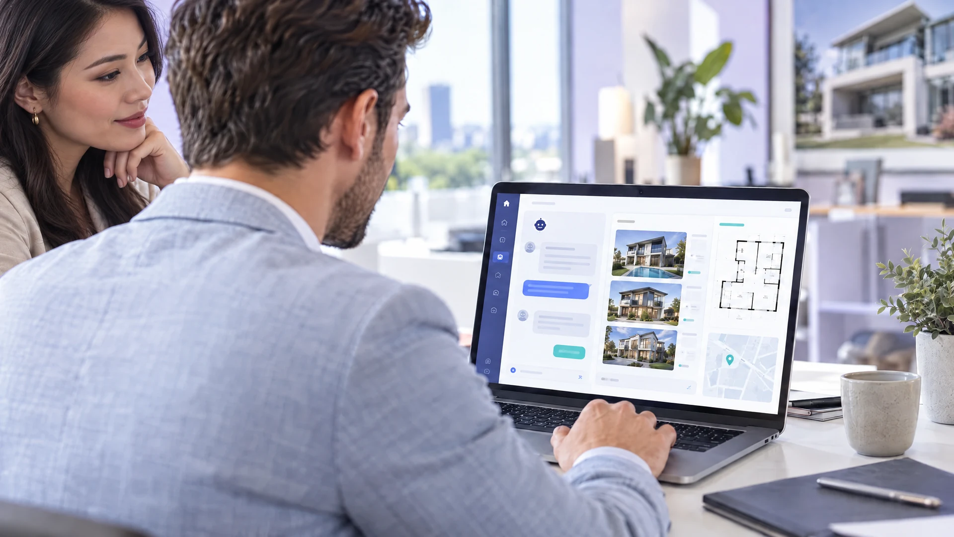 Asian real estate professional reviewing AI-assisted property listings and workflow tools with a colleague at a laptop