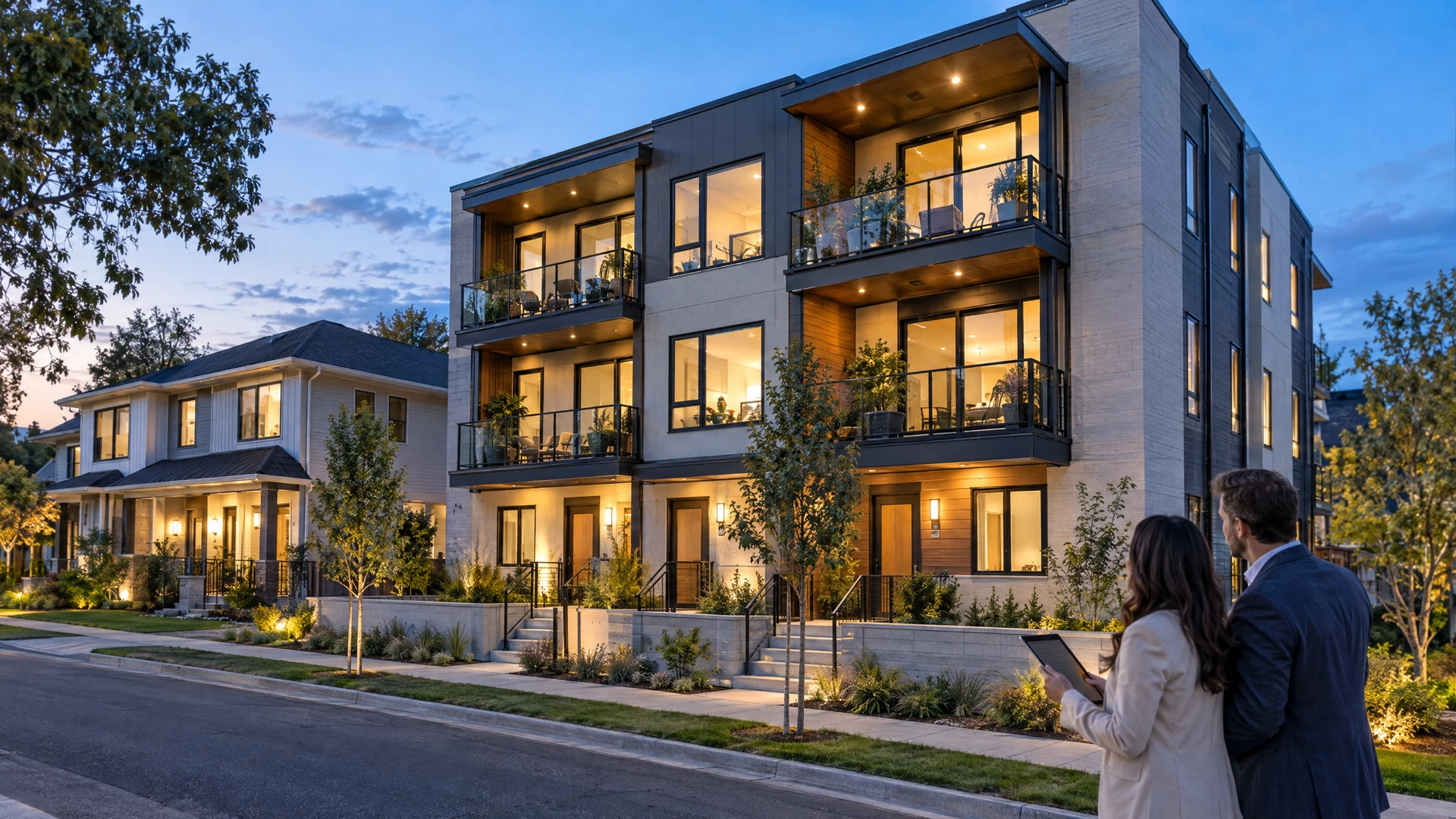 Real estate professionals reviewing multifamily and duplex investment properties