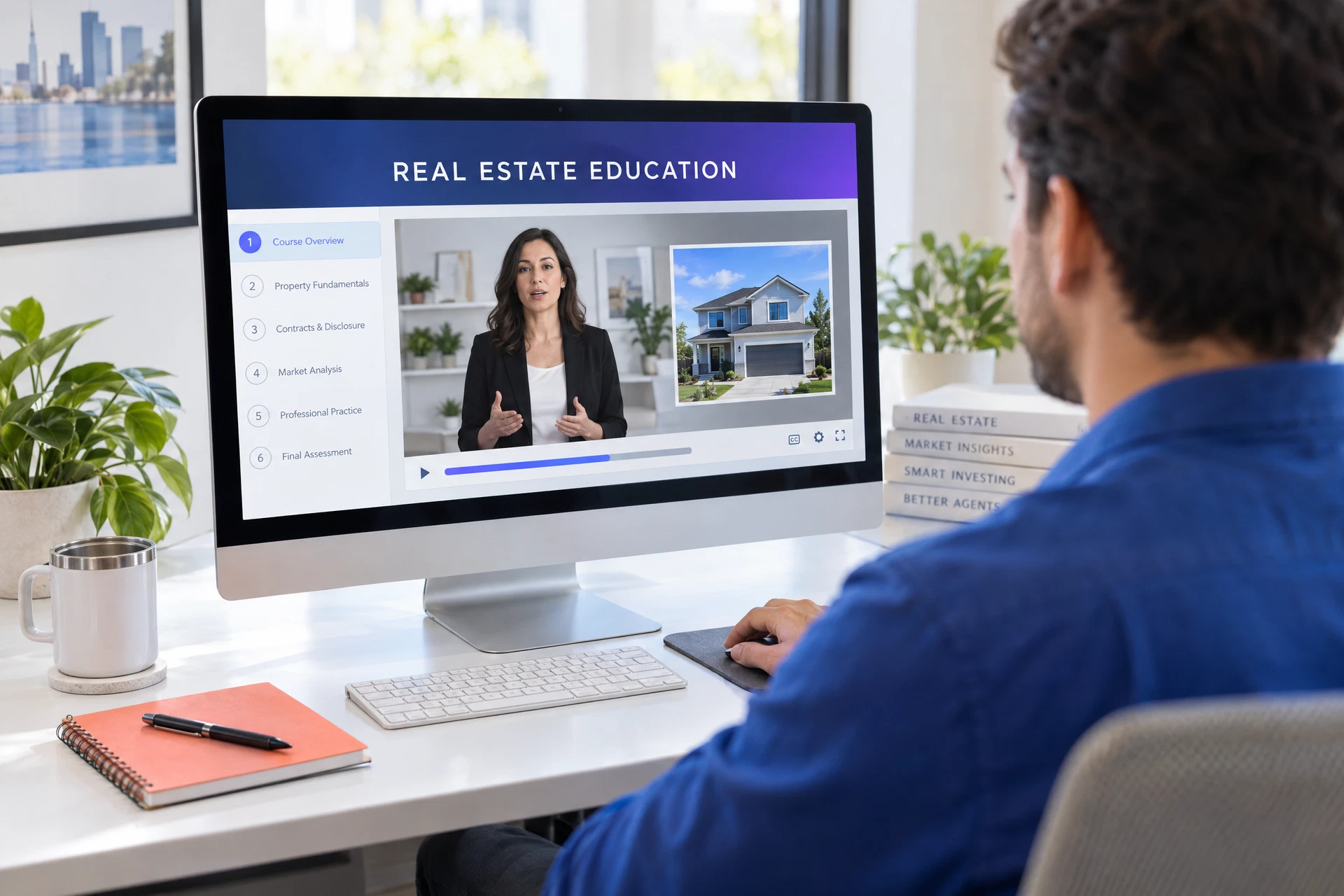 Over-the-shoulder view of a real estate professional facing a desktop monitor and taking an online real estate class