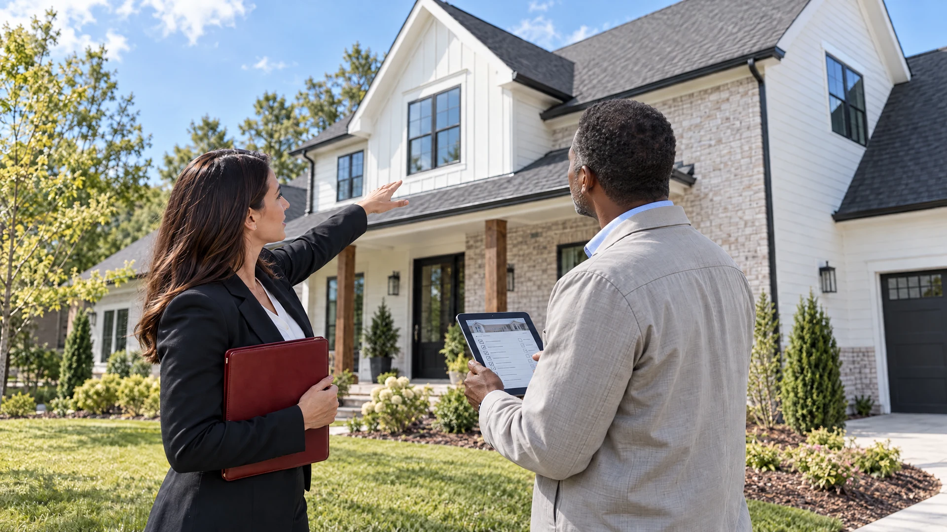 Black appraiser and real estate professional inspecting a house and reviewing structured property information on a tablet